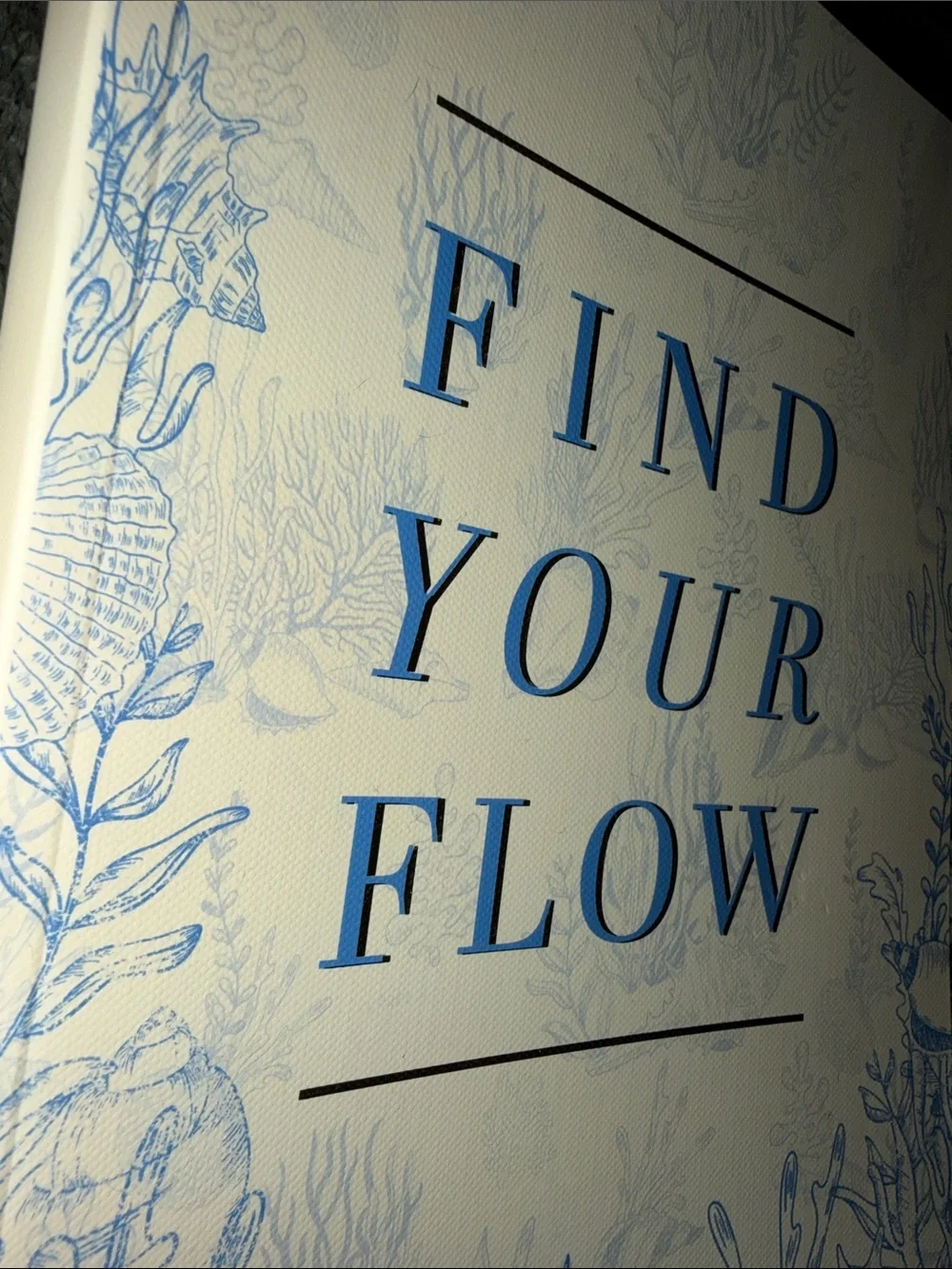 “Find Your Flow” Blue & White Notebook with Navy blue and light blue Bow Pen.